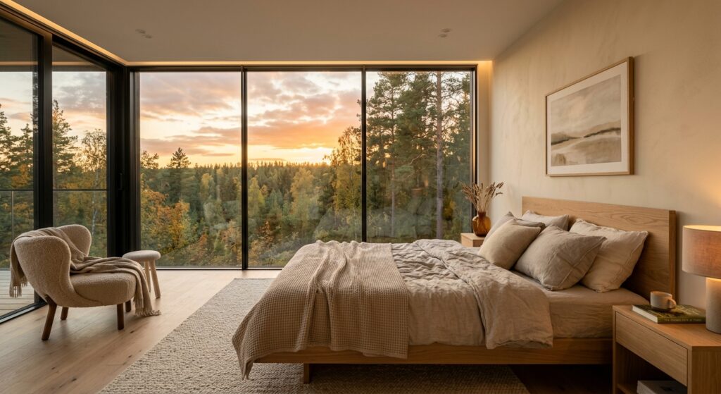 Modern bedroom interior with floor-to-ceiling windows overlooking a forest, minimalist aesthetic, ne