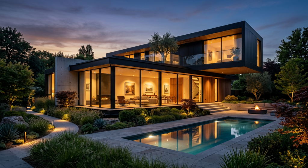 A minimalist modern villa at dusk with warm interior lighting glowing through floor-to-ceiling glass