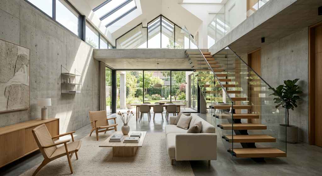 Architectural shot of a contemporary open-concept living room featuring a floating staircase, concre