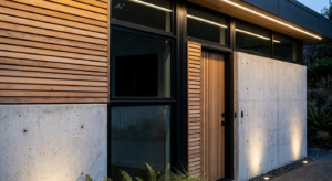 Close-up of a modern house facade combining raw concrete, natural cedar wood slats, and sleek matte