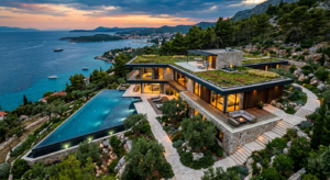 Aerial view of a luxury modern house with a flat green roof, a geometric infinity pool, and pristine