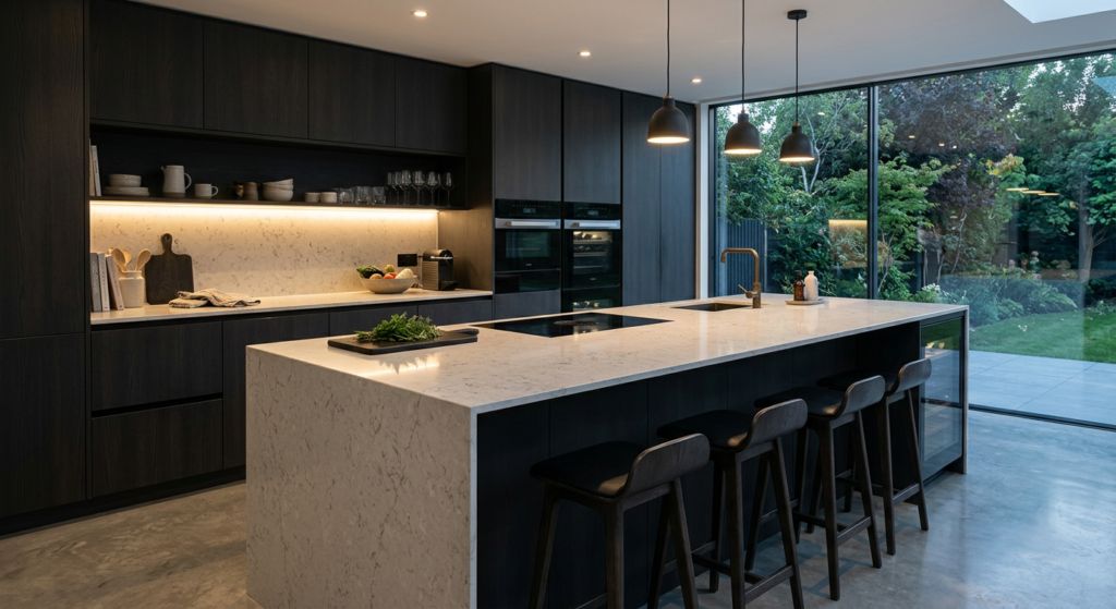 A sleek, modern kitchen with handleless dark cabinetry, a massive quartz island, and ambient LED und