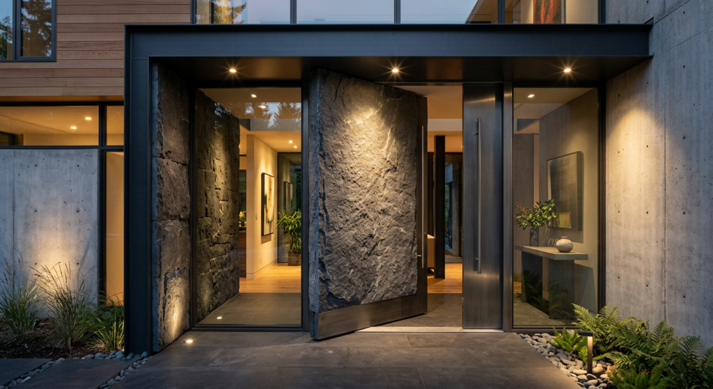 A stunning modern entryway featuring a massive monolithic stone door, pivot hinge, brushed metal acc