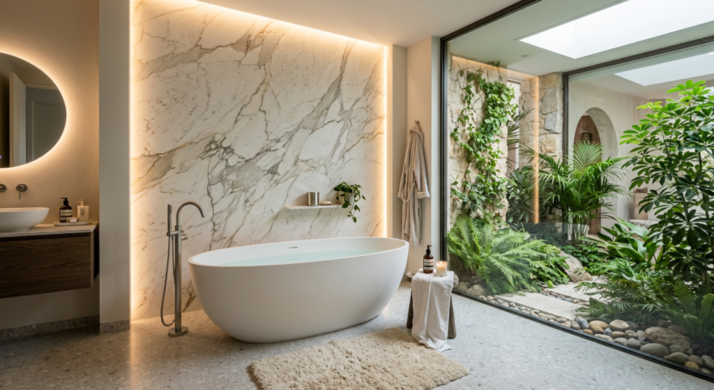 Bathroom sanctuary with a freestanding bathtub, textured marble feature wall, hidden cove lighting,
