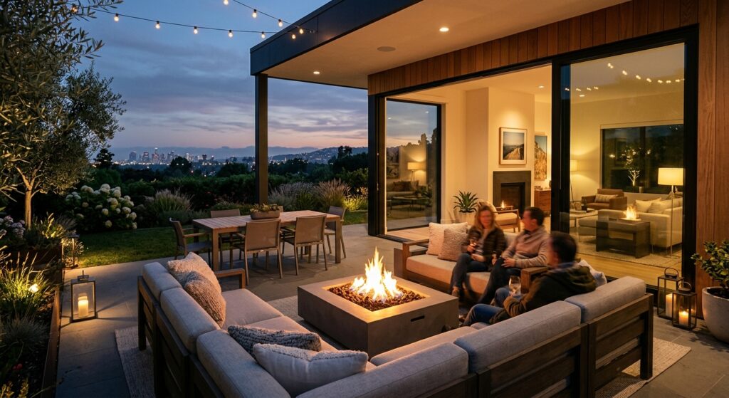 A modern home terrace setup with designer modular furniture, a fire pit, and seamless indoor-outdoor